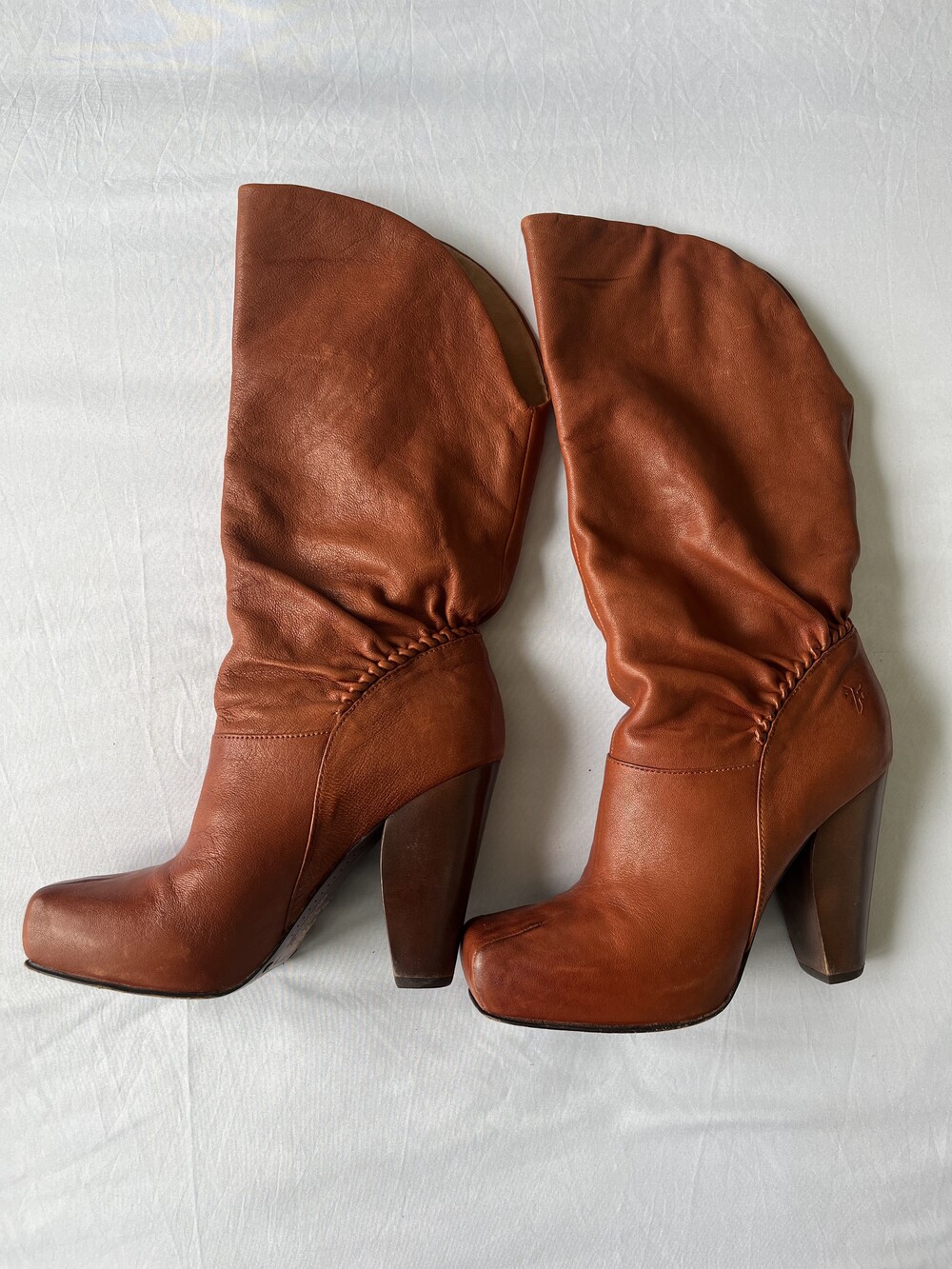 Vintage Y2K Frye Marta Leather Slouch Heeled Boots - Rust Cognac - Size 6.5
